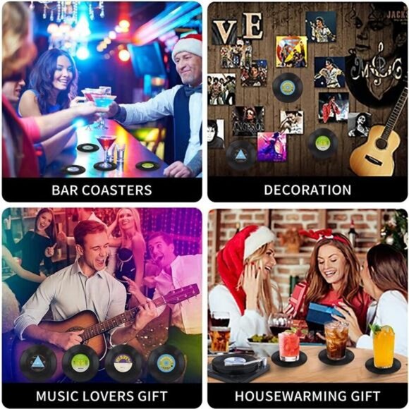 Funny Retro Record Coasters for Drinks with Vinyl Player Holder for Music - Picture 7 of 8